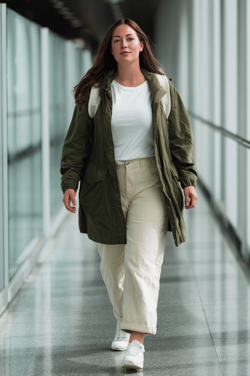 a plus-size woman striding through a glass-walled-airport corridor, dressed in a forest green anorak jacket, white long-sleeve fitted tee, straight-leg khaki wide-leg trousers 