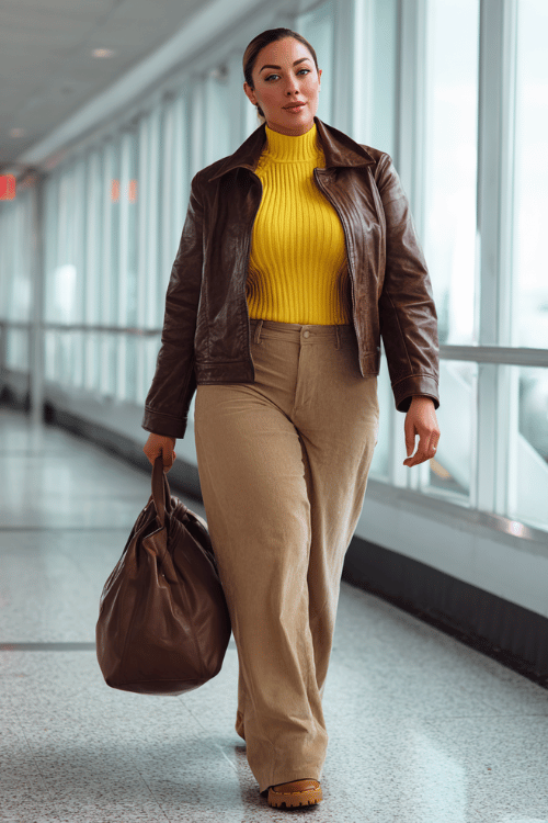 a plus-size woman striding through a glass-walled airport corridor, dressed in a rich chocolate brown faux leather jacket, mustard yellow ribbed turtleneck