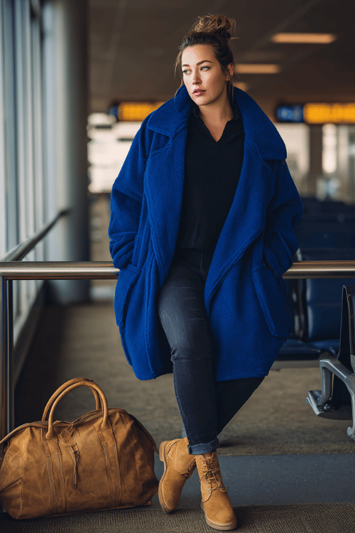 a plus-size woman waiting at an airport boarding gate, dressed in a bold cobalt blue oversized coat, black fitted mock-neck, straight-leg dark jeans, and tan lug-sole ankle boots