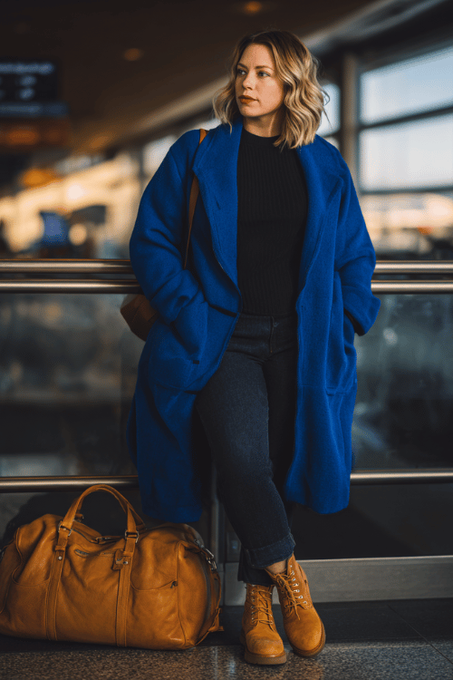 a plus-size woman waiting at an airport boarding gate, dressed in a bold cobalt blue oversized coat, black fitted mock-neck, straight-leg dark jeans, and tan lug-sole ankle boots 