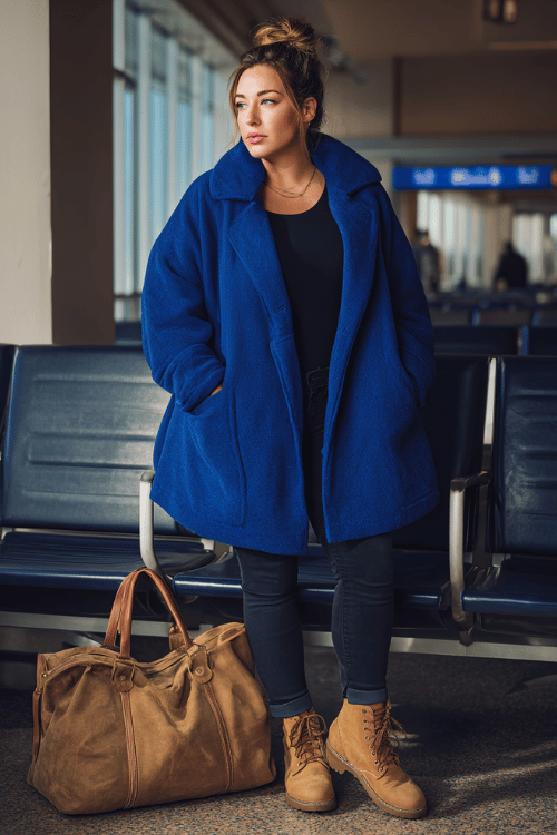 a plus-size woman waiting at an airport boarding gate, dressed in a bold cobalt blue oversized coat, black fitted mock-neck, straight-leg dark jeans, and tan lug-sole ankle boots
