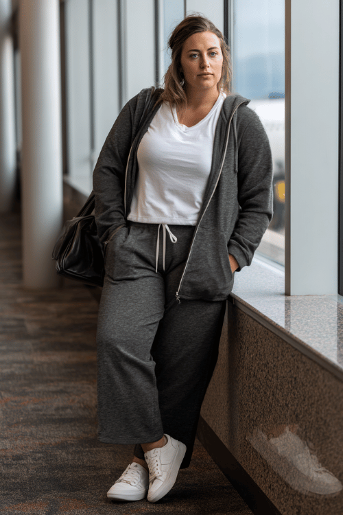 a plus-size woman waiting at an airport boarding gate, dressed in a charcoal grey matching lounge set with wide-leg pants and a long zip-up hoodie, white fitted tee underneath 
