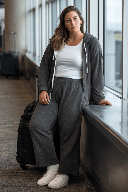 a plus-size woman waiting at an airport boarding gate, dressed in a charcoal grey matching lounge set with wide-leg pants and a long zip-up hoodie, white fitted tee underneath 