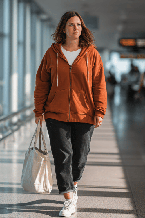 a plus-size woman walking through an airport departure hall, dressed in a cozy rust-orange zip-up hoodie, straight-leg dark wash jeans, and white lug-sole sneakers