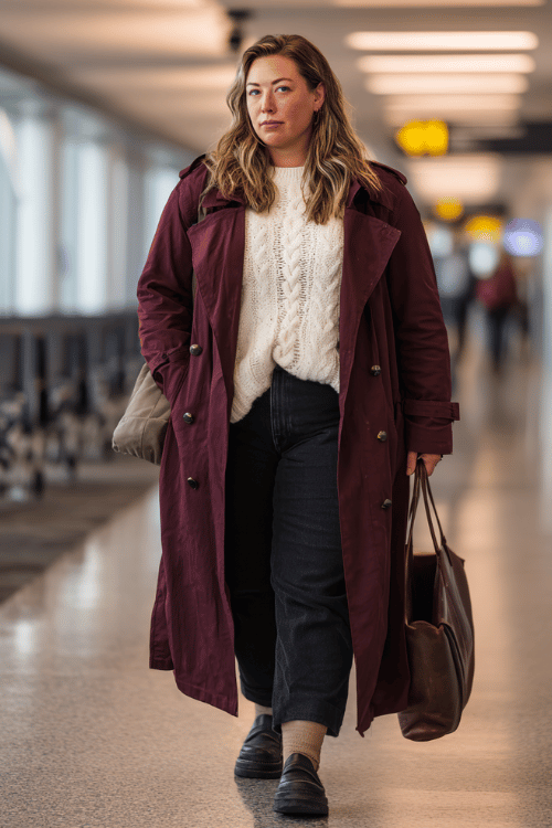 a plus-size woman walking through an airport departure hall, dressed in a deep burgundy longline trench coat, cream knit sweater, straight-leg dark jeans, and chunky black loafers