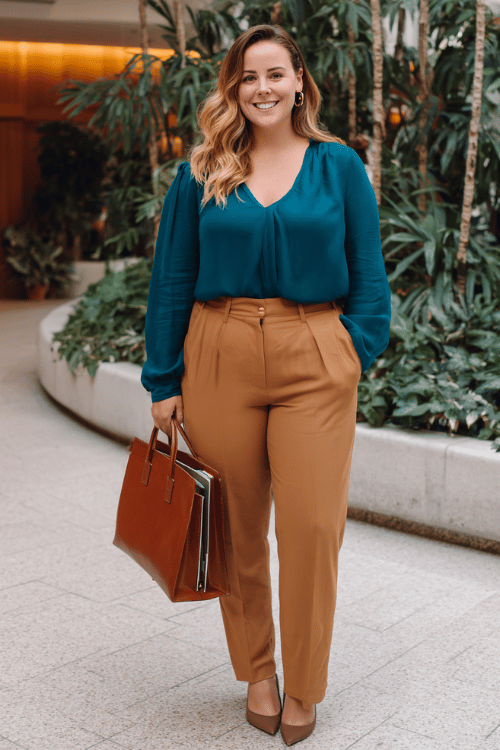 a plus-size woman wearing a deep teal long-sleeve blouse with elegant draping tucked into high-waisted tailored trousers in warm stone beige, layered with a fitted camel blazer
