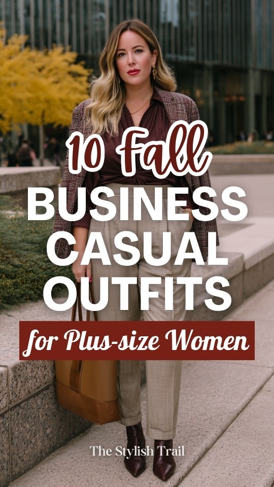 a plus-size woman wearing a fall business casual outfit with a xrich espresso brown long-sleeve wrap blouse tucked into high-waisted tailored trousers in warm stone beige