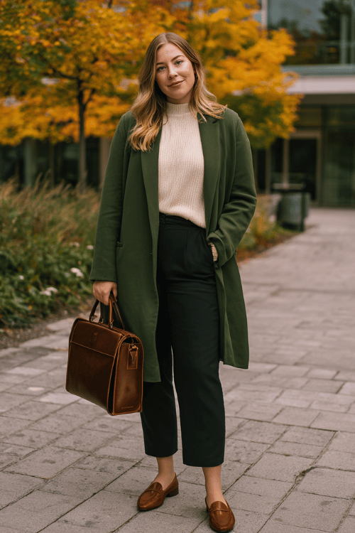a plus-size woman wearing a forest green longline blazer over a cream ribbed turtleneck, paired with straight-leg dark trousers and pointed-toe loafers in warm cognac leather