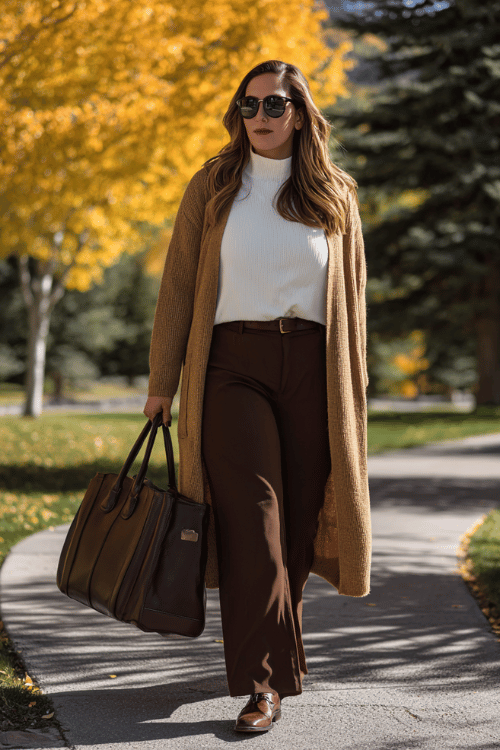 a plus-size woman wearing a longline camel cardigan over a white fitted turtleneck and tailored dark brown wide-leg trousers, paired with Oxford shoes in cognac leather