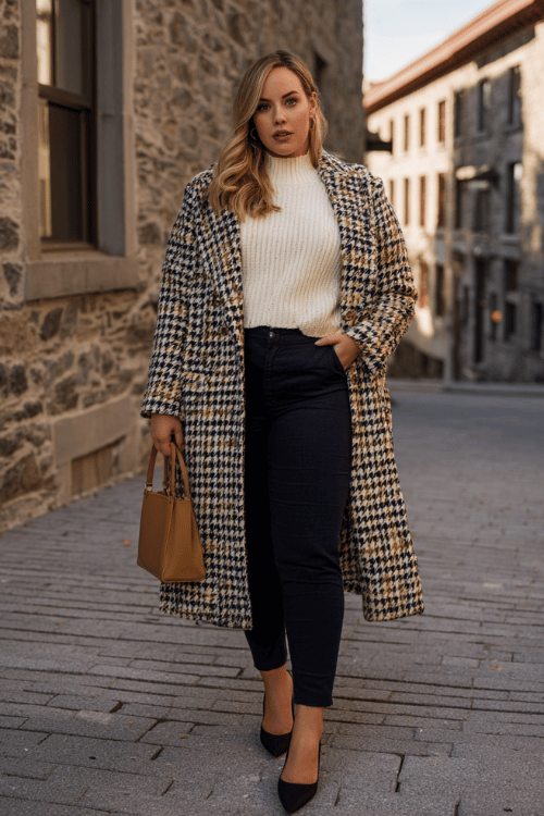 a plus-size woman wearing a longline houndstooth coat in black and ivory over a tucked-in cream ribbed turtleneck sweater and slim-fit dark navy trousers, paired with pointed-toe kitten heels 