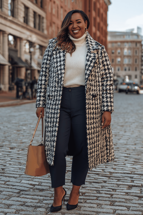 a plus-size woman wearing a longline houndstooth coat in black and ivory over a tucked-in cream ribbed turtleneck sweater and slim-fit dark navy trousers, paired with pointed-toe kitten heels