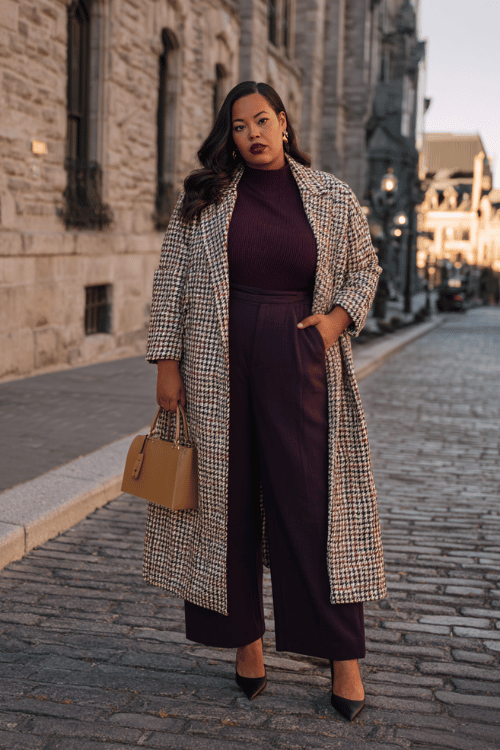 a plus-size woman wearing a longline houndstooth coat in black and ivory over a tucked-in deep plum ribbed turtleneck and wide-leg dark navy trousers, paired with pointed-toe kitten heels