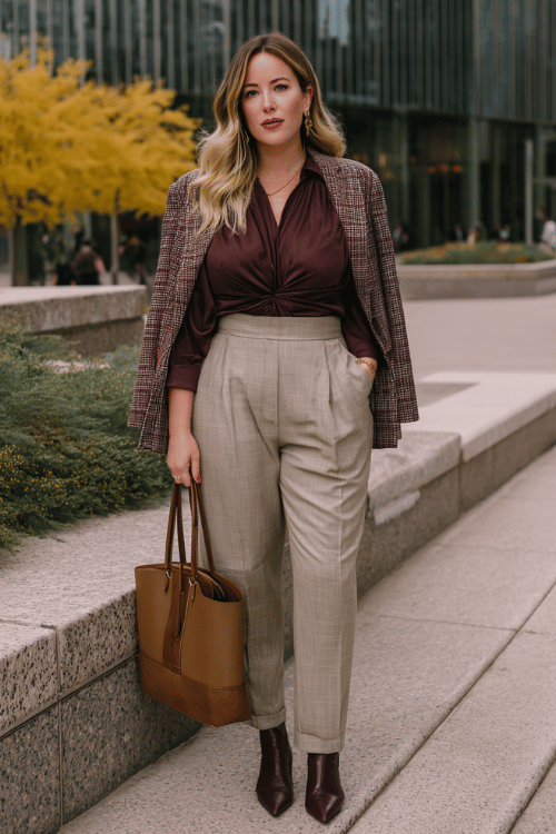 a plus-size woman wearing a rich espresso brown long-sleeve wrap blouse tucked into high-waisted tailored trousers in warm stone beige, layered with a fitted plaid blazer in burgundy and tan tones 