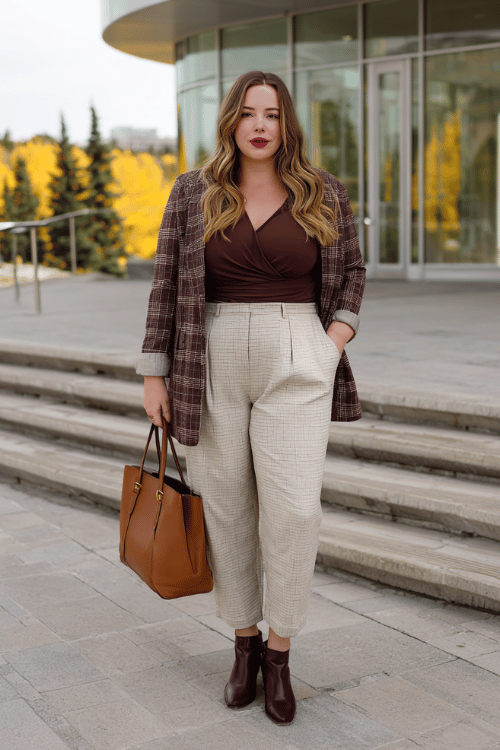 a plus-size woman wearing a rich espresso brown long-sleeve wrap blouse tucked into high-waisted tailored trousers in warm stone beige, layered with a fitted plaid blazer in burgundy and tan tones