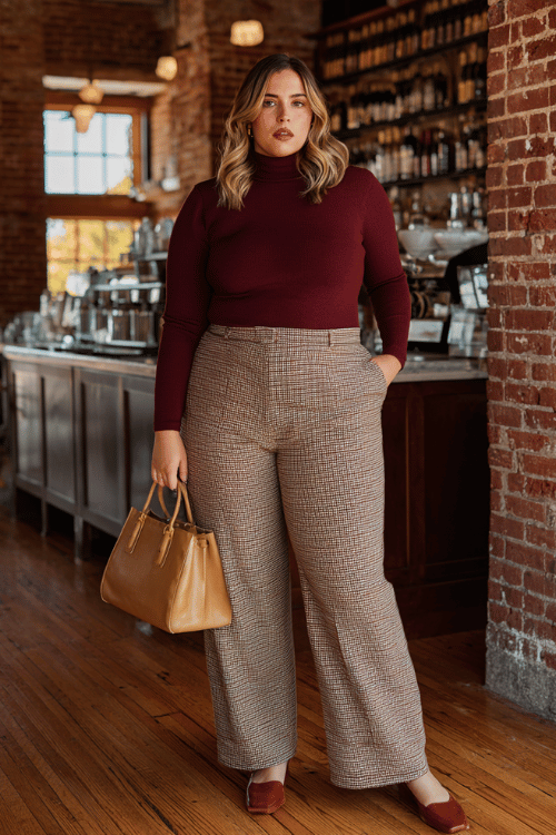 a plus-size woman wearing a soft burgundy turtleneck sweater tucked into wide-leg trousers in a warm charcoal houndstooth print, finished with block-heel loafers in cognac leather