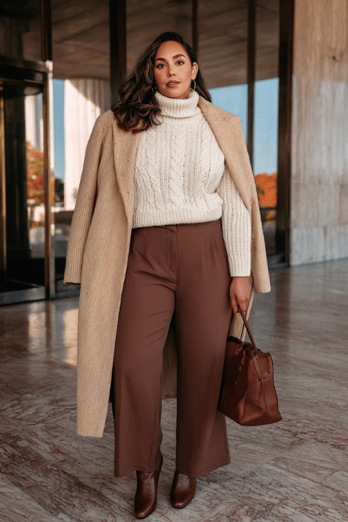 a plus-size woman wearing a soft ivory chunky knit turtleneck sweater tucked into wide-leg trousers in warm chocolate brown, layered with a longline camel overcoat with structured shoulders