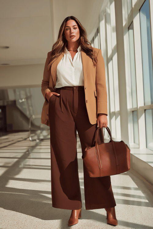 a plus-size woman wearing a tailored camel blazer over a white silk blouse tucked into high-waisted wide-leg trousers in rich chocolate brown, finished with pointed-toe ankle boots 