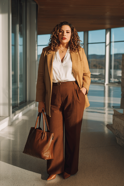 a plus-size woman wearing a tailored camel blazer over a white silk blouse tucked into high-waisted wide-leg trousers in rich chocolate brown, finished with pointed-toe ankle boots