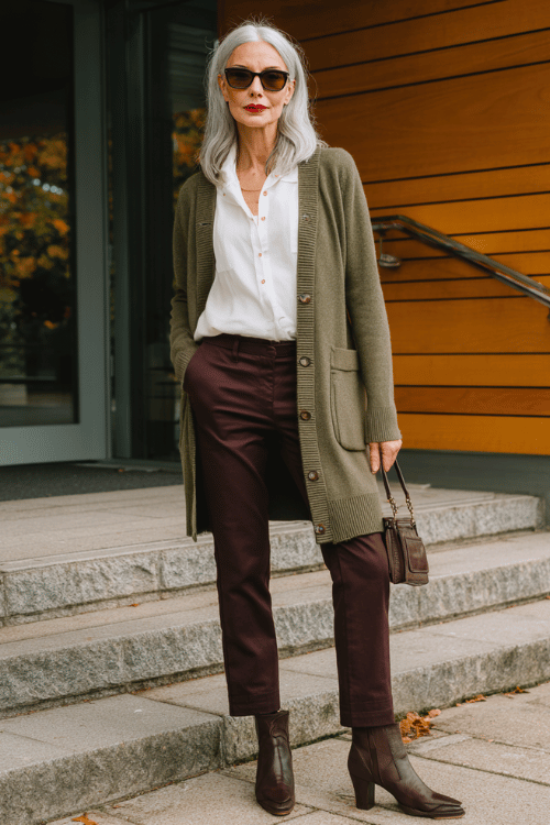 a silver-haired distinguished woman in a soft olive green longline cardigan layered over a white fitted blouse and tailored straight-leg trousers in deep burgundy