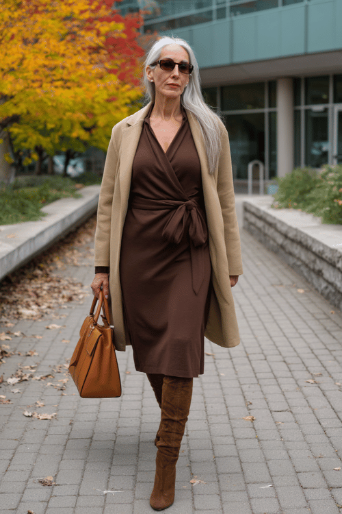 a silver-haired poised woman in a rich chocolate brown cashmere wrap dress with long sleeves and a flattering belted waist, layered with a tailored camel overcoat