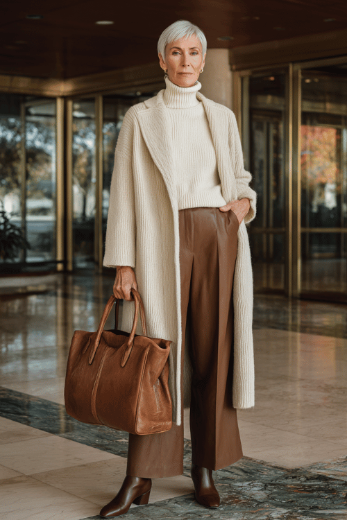 a silver-haired refined woman wearing a soft ivory chunky cashmere turtleneck sweater tucked into wide-leg trousers in warm chocolate brown, layered with a longline camel overcoat