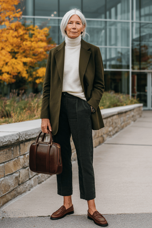 a silver-haired sophisticated woman wearing a forest green longline blazer over a cream cashmere turtleneck, paired with relaxed straight-leg dark trousers and comfortable loafers 