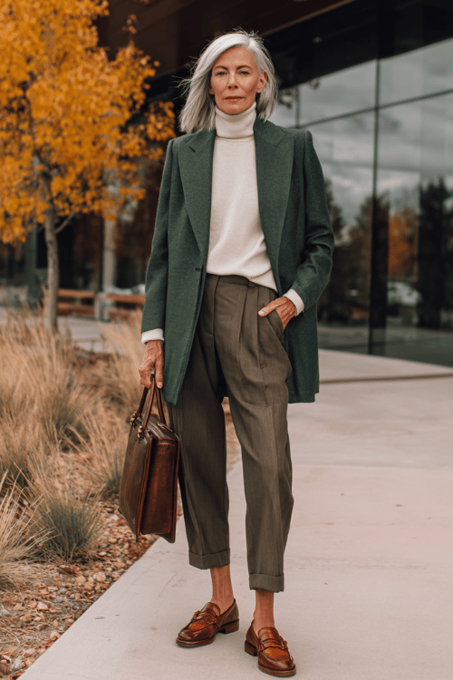a silver-haired sophisticated woman wearing a forest green longline blazer over a cream cashmere turtleneck, paired with relaxed straight-leg dark trousers and comfortable loafers