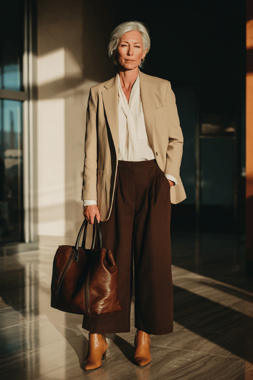 a silver-haired woman wearing a beautifully tailored camel blazer over a soft ivory silk blouse tucked into wide-leg trousers in rich chocolate brown 