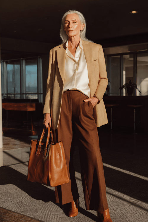 a silver-haired woman wearing a beautifully tailored camel blazer over a soft ivory silk blouse tucked into wide-leg trousers in rich chocolate brown