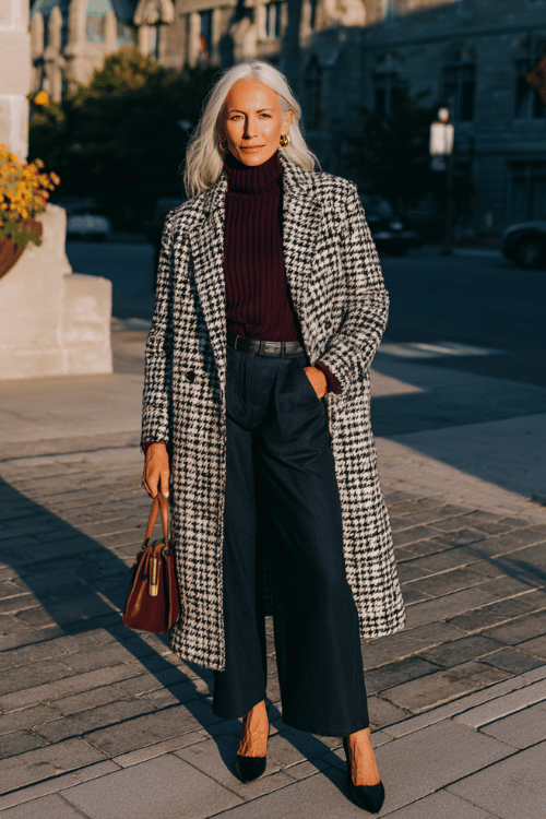 a white-haired distinguished woman wearing a longline houndstooth coat in black and ivory over a deep plum ribbed turtleneck and relaxed wide-leg dark navy trousers