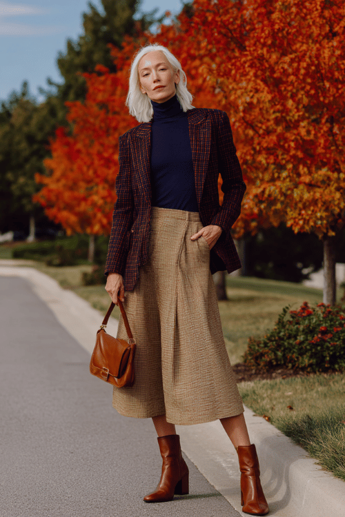 a white-haired graceful woman in a deep navy fitted cashmere turtleneck tucked into a high-waisted A-line midi skirt in rich caramel tweed, layered with a tailored plaid blazer 