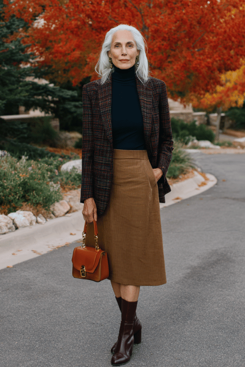 a white-haired graceful woman in a deep navy fitted cashmere turtleneck tucked into a high-waisted A-line midi skirt in rich caramel tweed, layered with a tailored plaid blazer
