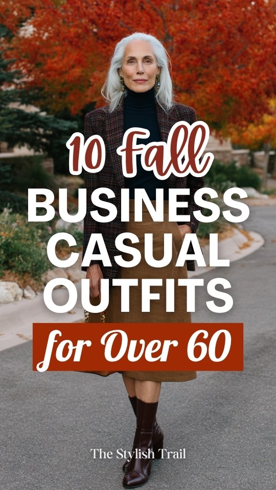 a white-haired woman over 60 in a fall business casual outfit with a deep navy fitted cashmere turtleneck tucked into a high-waisted A-line midi skirt in rich caramel tweed