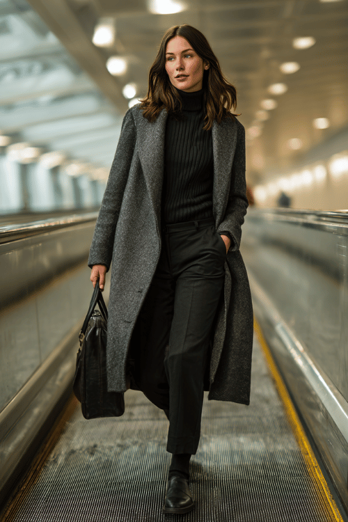 a woman ascending an airport escalator, wearing a long charcoal grey wool overcoat, black ribbed turtleneck, tailored slim black trousers, and black leather Oxford shoes