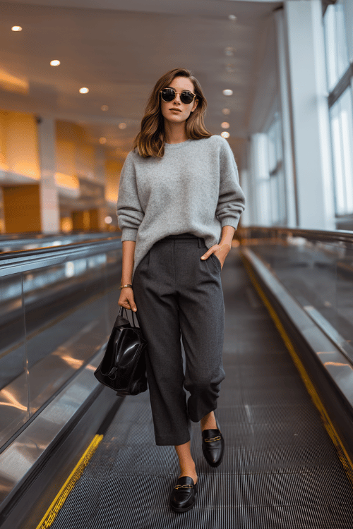 a woman ascending an airport escalator, wearing a soft heather grey oversized cashmere crewneck, tailored charcoal wide-leg trousers, and black leather slip-on loafers