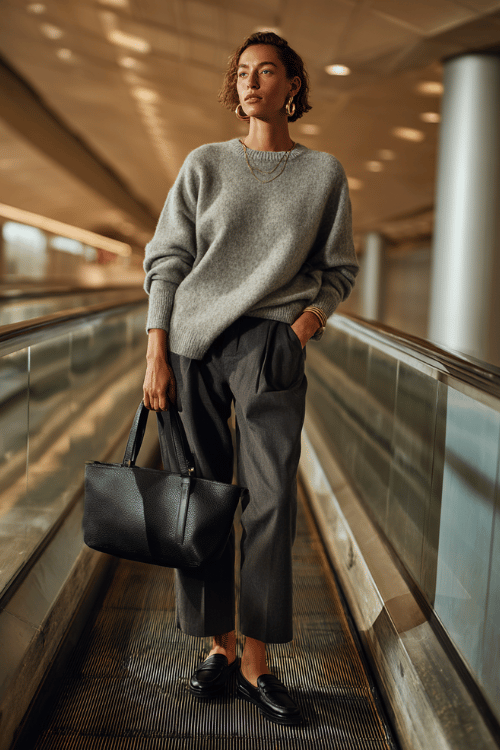 a woman ascending an airport escalator, wearing a soft heather grey oversized cashmere crewneck, tailored charcoal wide-leg trousers, and black leather slip-on loafers