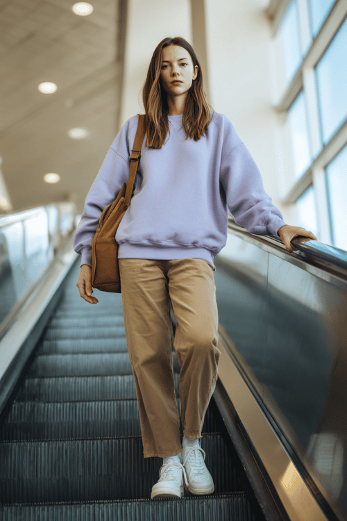 a woman ascending an airport escalator, wearing a soft lavender oversized crewneck sweatshirt, camel straight-leg trousers, and white clean sneakers, small leather backpack