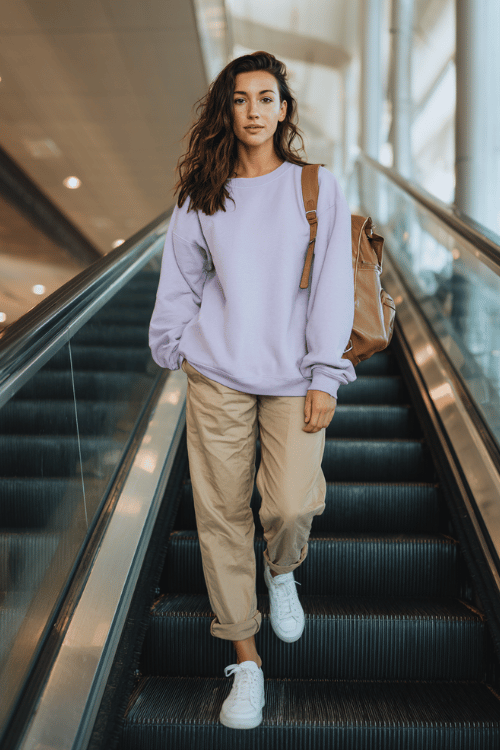 a woman ascending an airport escalator, wearing a soft lavender oversized crewneck sweatshirt, camel straight-leg trousers, and white clean sneakers, small leather backpack