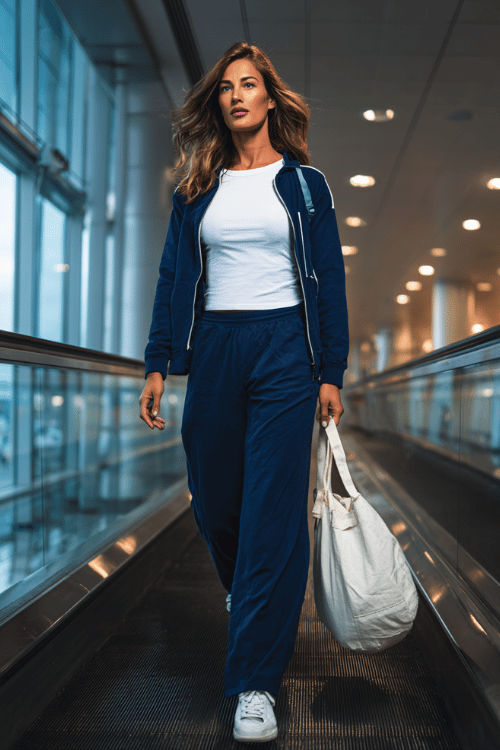a woman ascending an airport escalator, wearing a soft navy blue zip-up track jacket, matching wide-leg track pants, a white fitted tee underneath, and fresh white low-top sneakers