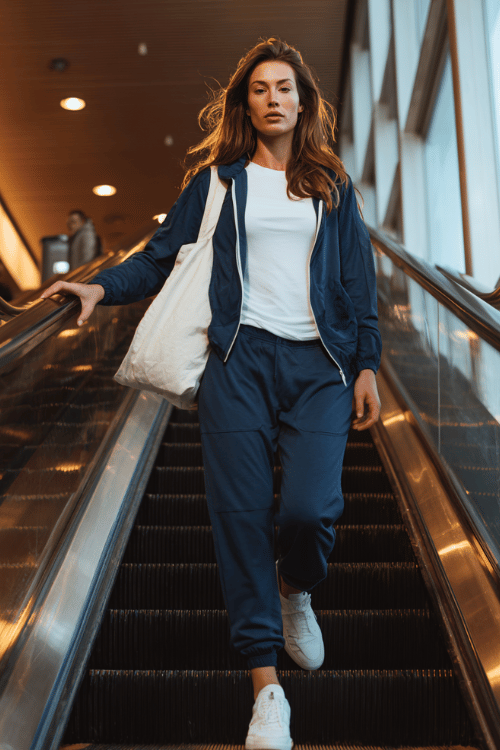 a woman ascending an airport escalator, wearing a soft navy blue zip-up track jacket, matching wide-leg track pants, a white fitted tee underneath, and fresh white low-top sneakers