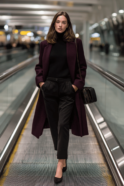 a woman ascending an airport escalator, wearing a striking deep plum longline coat, black fitted turtleneck, tailored slim black trousers, and black leather pointed-toe flats 