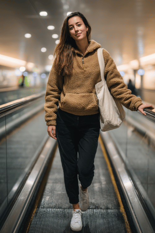 a woman ascending an airport escalator, wearing a tan sherpa pullover, dark slim joggers, and crisp white low-top sneakers, compact tote bag on her shoulder
