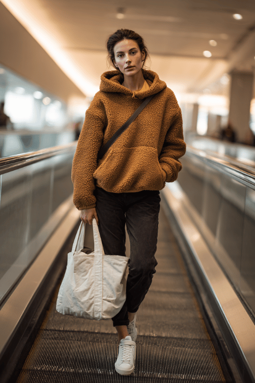 a woman ascending an airport escalator, wearing a tan sherpa pullover, dark slim joggers, and crisp white low-top sneakers, compact tote bag on her shoulder