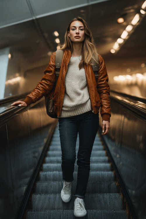 a woman ascending an airport escalator, wearing a warm caramel leather bomber jacket, oatmeal knit crewneck sweater, slim-fit dark jeans, and white clean sneakers, small leather backpack