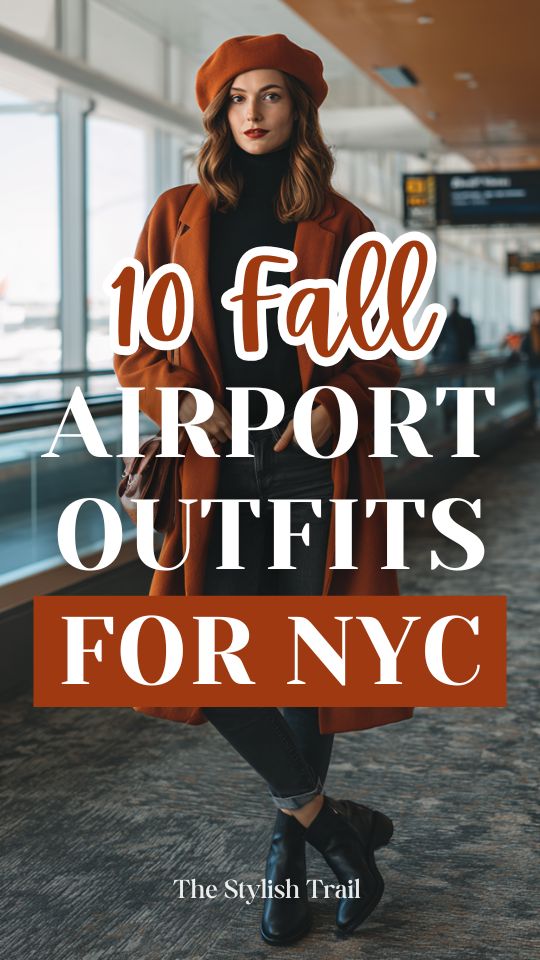 a woman at a fall airport outfit for NYC with a bold rust-orange wool beret, matching rust-orange longline coat, black fitted turtleneck, slim dark jeans, and black Chelsea boots