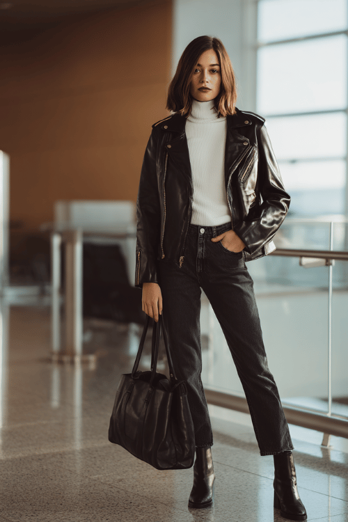 a woman at a modern airport terminal, wearing a classic black leather biker jacket, white fitted turtleneck, straight-leg dark jeans, and black ankle boots, structured leather tote beside her