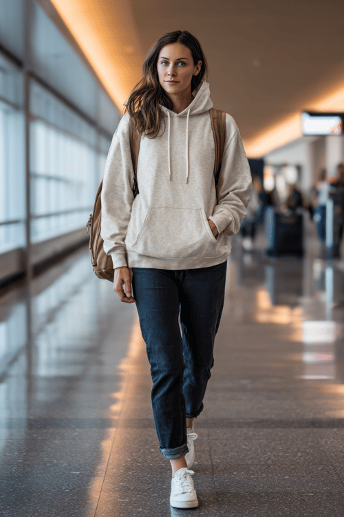 a woman at a modern airport terminal, wearing a cozy oatmeal oversized hoodie, straight-leg dark wash jeans, and clean white sneakers, small leather backpack over one shoulder 