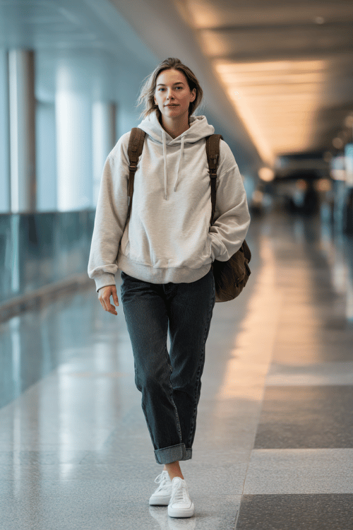 a woman at a modern airport terminal, wearing a cozy oatmeal oversized hoodie, straight-leg dark wash jeans, and clean white sneakers, small leather backpack over one shoulder