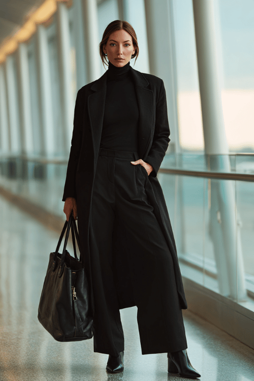 a woman at a modern airport terminal, wearing a sleek black longline coat, black fitted turtleneck, tailored wide-leg trousers, and black leather pointed-toe ankle boots 