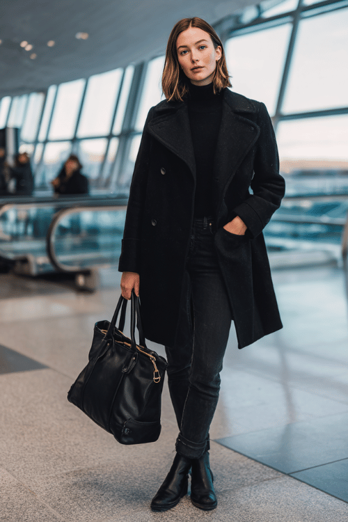 a woman at a modern airport terminal, wearing a sleek black wool peacoat, black fitted turtleneck, straight-leg dark jeans, and black leather Chelsea boots